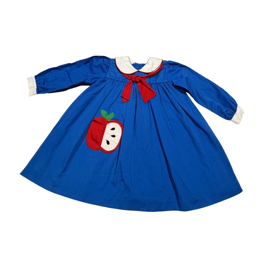 Samara Vintage Blue Apple‎ Applique Dress Peter Pan Collar Girls 3T Long Sleeve